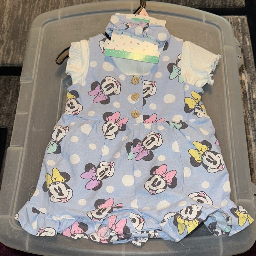 Disney Light Blue Minnie Mouse Polka Dot Romper with Bow Headband